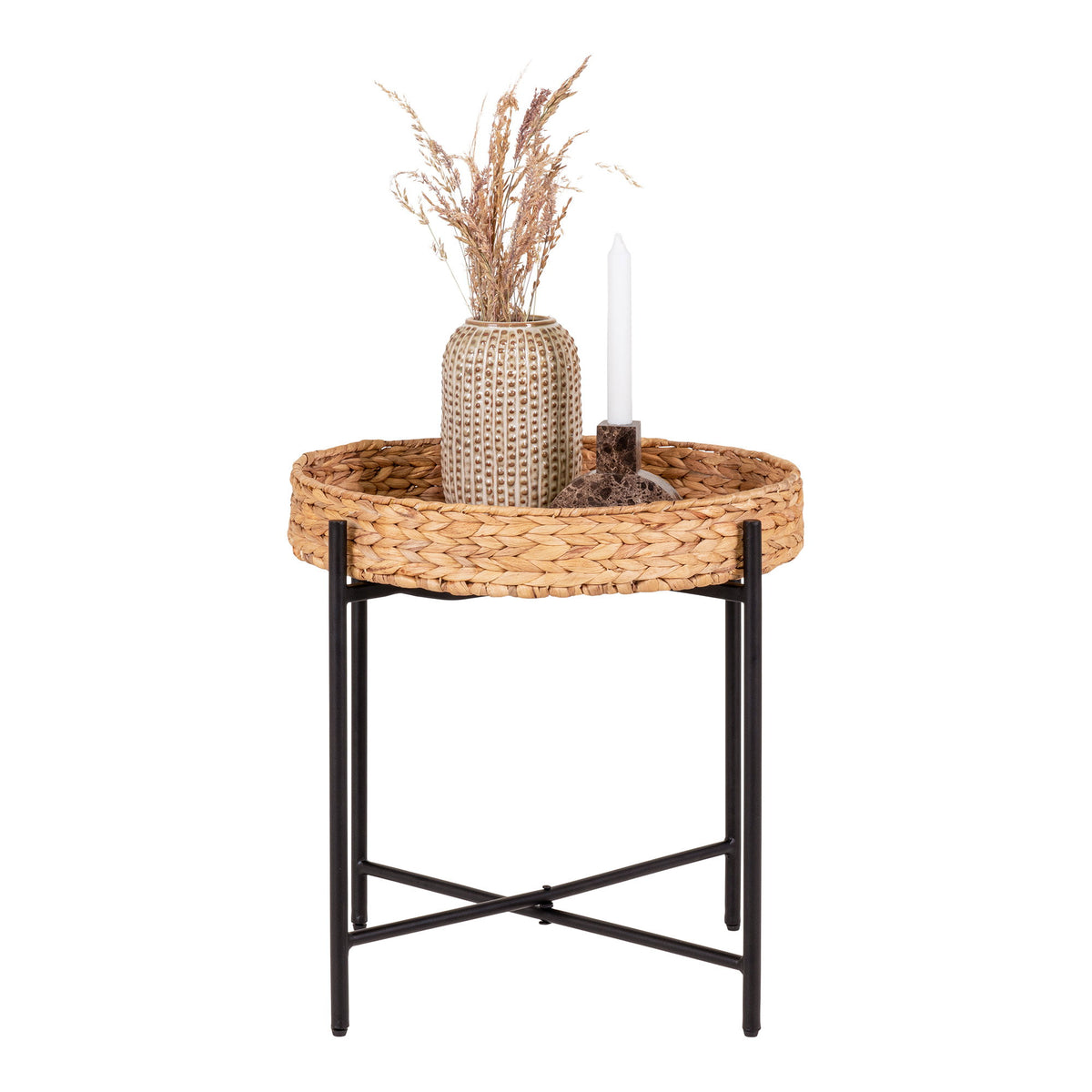 House Nordic, Naro Sidobord Vattenhyacint / Metall Svart / Natur Ø50 cm