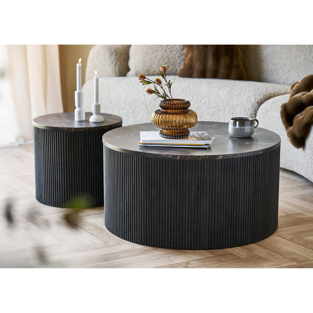 House Nordic, Rota Runt Soffbord Marmorlook Mörkbrun Ø80 cm