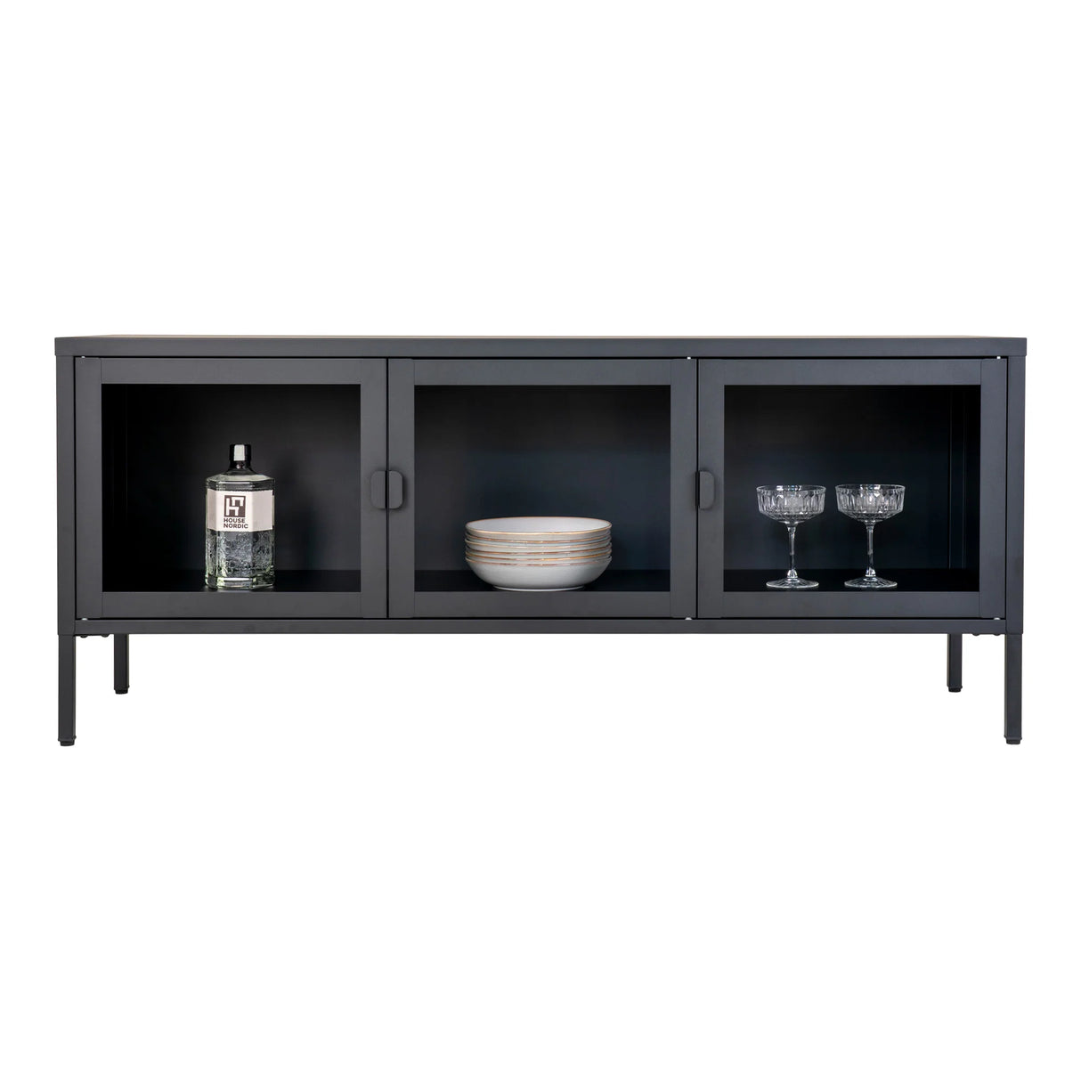 House Nordic, Brisbane TV-bänk 130 cm med 3 Glasdörrar – Svart