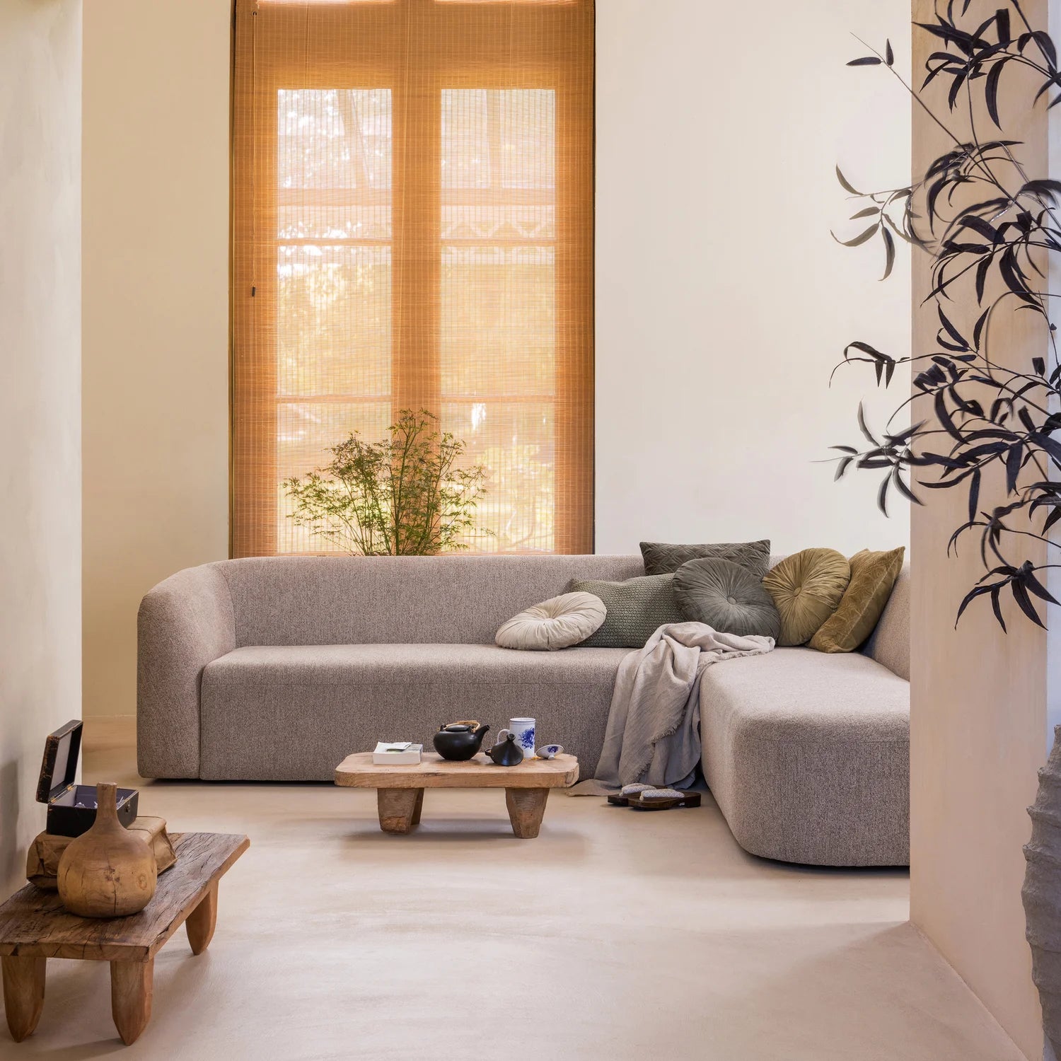 WOOOD, Sloping hörnsoffa höger chenille naturel melange